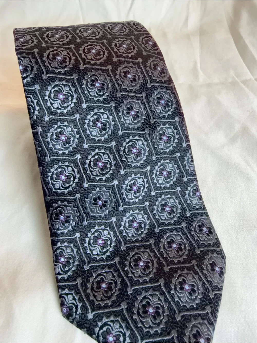 Henry Grethel Textured Black Tie with Purple Motif - Men's Formal Tie